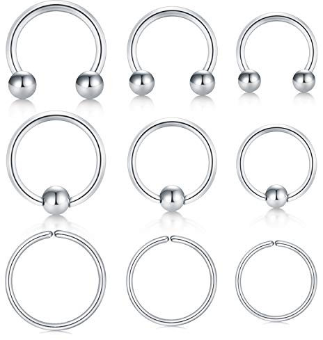 LAURITAMI 9stk 16G Chirurgenstahl Nasenpiercing Nasenringe Nase Septum Ringe Hoop Knorpel Ohr Helix Tragus Daith Piercings 8-12mm