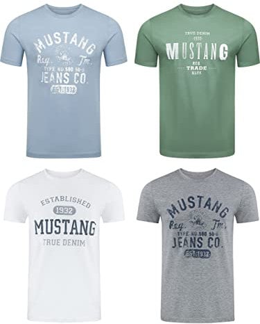 MUSTANG Tshirt Herren Baumwolle Regular Fit 4er Pack Set Rundhals Kurzarm Sommer Tee Shirt Logoprint, Größe:S, Farbe:Farbmix (P22)