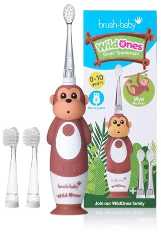 Brush-Baby WildOnes Kinder Elektrische Wiederaufladbare Zahnbürste, 1 Griff, Bürstenkopf, USB-Ladekabel, für 0-10 Jahre (Affe)