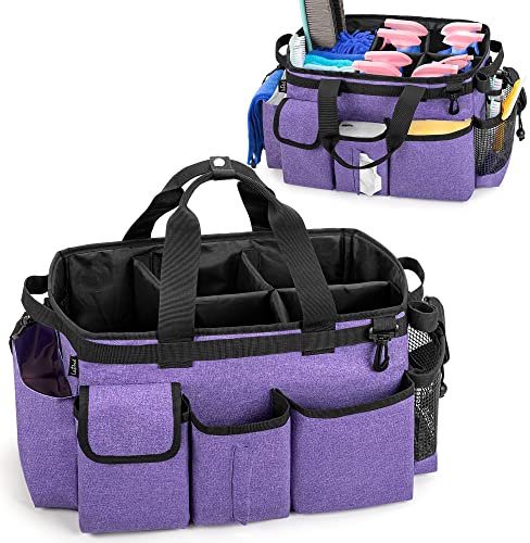 LoDrid Large Wearable Cleaning Caddy Bag with Detachable Divider, Organizer with Handle, Supply Tote Bag with Shoulder and Waist Strap for Cleaners & Housekeepers, Purple