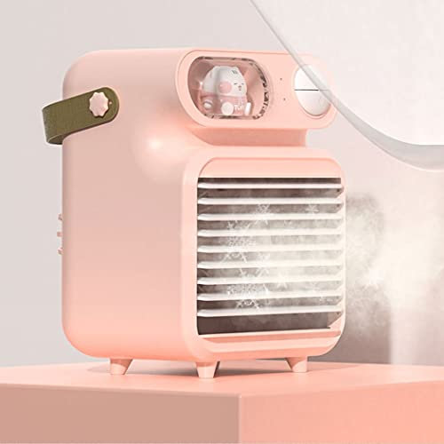 0℃ Outdoor Mini Enfriador de Aire Portátil, Ventilador de Aire Frio Pequeño Bajo Consumo, Humidificador Ventilador Hielo USB Móvil Oficina con Tanque de Agua y Luz LED de 7 Colores para Hogar,Rosado