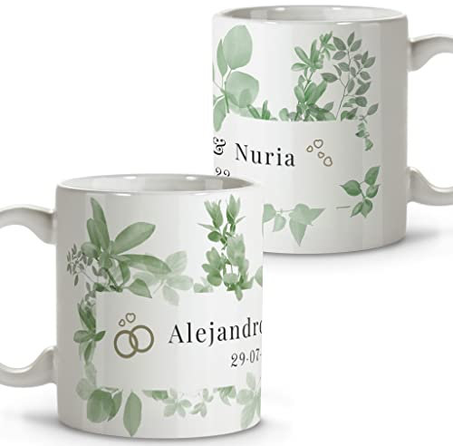 LolaPix Taza Personalizada. Detalles Boda. Regalos Invitados. Regalo Boda. Taza Cerámica. Varios Diseños. Hojas Verdes