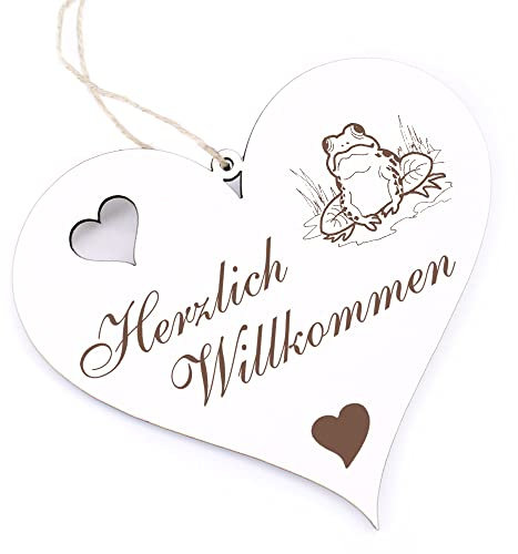 Herzlich Willkommen Schild - Frosch - Deko Herz Holz Willkommensschild Türschild Dekoschild Türdeko