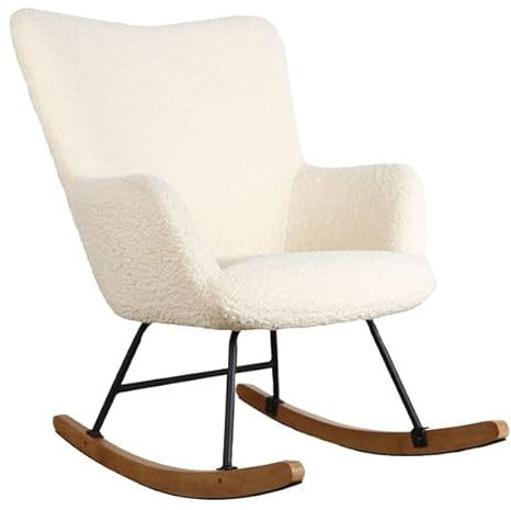 Happy Garden Fauteuil à Bascule Kaira, Rocking Chair, Tissu Bouclette écru, Effet Peau de Mouton, Structure en métal et piètement en Bois d'hévéa,