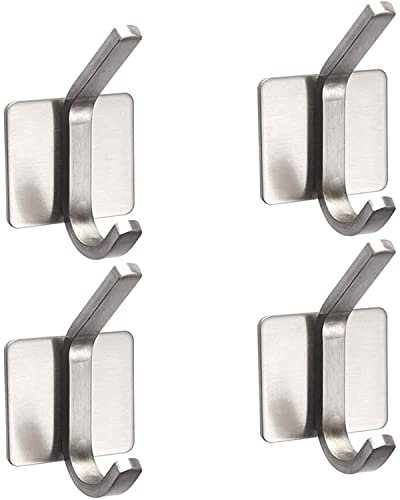 Self Adhesive Hooks, Heavy Duty Wall Door Hooks, Office Home Kitchen Bathroom Closet,Stainless Steel Sticky Coat Hooks for Hanging Coats Towels,Anti-Rust Waterproof, 4 Pack