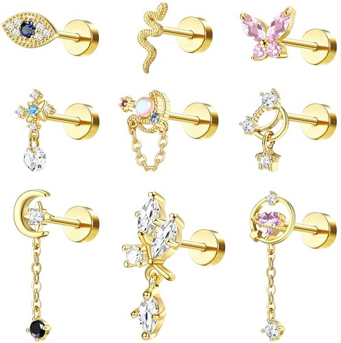 Kakonia 9-teiliges 16G Helix Piercing Set für Damen - Chirurgenstahl Schmetterling Tragus Piercing Gold Dangle Flat Ohrstecker Knorpel Helix Tragus Conch Ohrringe