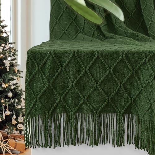 inhand Gestrickte Überwurfdecken für Couch und Bett, weiche, gemütliche Strickdecke mit Quaste, dunkelgrün, leicht, dekorative Decken und Überwürfe, Bauernhaus-warme gewebte Decke für Männer und