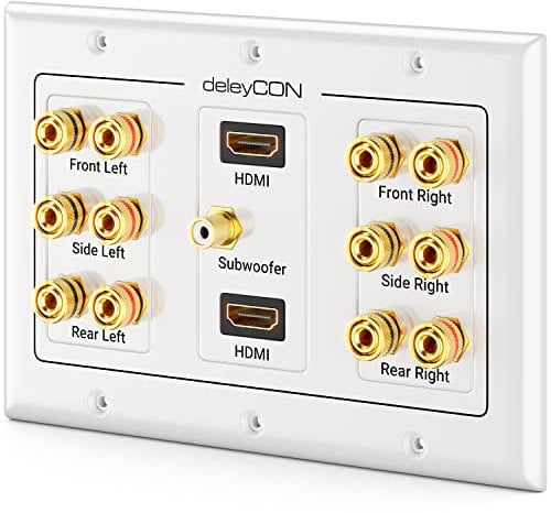 deleyCON Toma de Conexión Toma de Pared para Altavoz Placa de Pared con Enchufes Tipo Banana & 2x Enchufes HDMI para Sistema Surround Sound 6.1 y Subwoofer para Cine en Casa