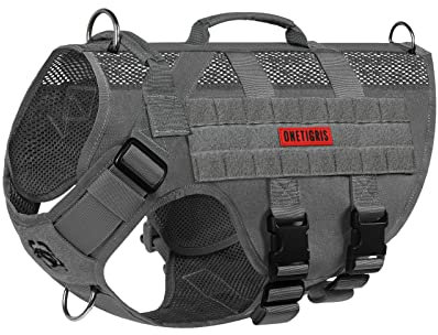 OneTigris Hundegeschirr Grosse Hunde, AIRE MESH Taktisches Anti Zug Geschirr mit 2 Griff Verstellbar Brustgeschirr No Pull Dog Harness Atmungsaktiv Grau XL