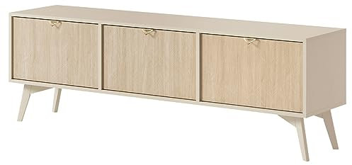 Mirjan24 TV Lowboard Fixiop RTV158, 3 Klappen/Türen, Aluminiumgriffe, B:158 x H:52 x T:38 cm, Fernsehschrank, Fernsehtisch Unterschrank TV Schrank (Sandbeige/Scandi Fischgrät)