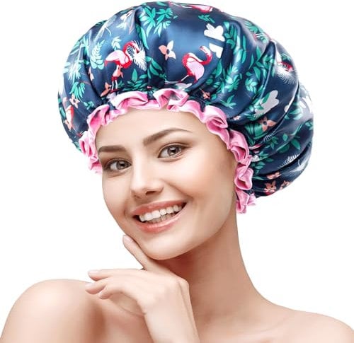mikimini Shower Cap for Women and Girls,Reusable Waterproof Double Layer, Perfect for Short to Medium hair, Charming Flamingo Print Bath Cap - A Must-Have for Tropical Theme Lovers! 2 Pack