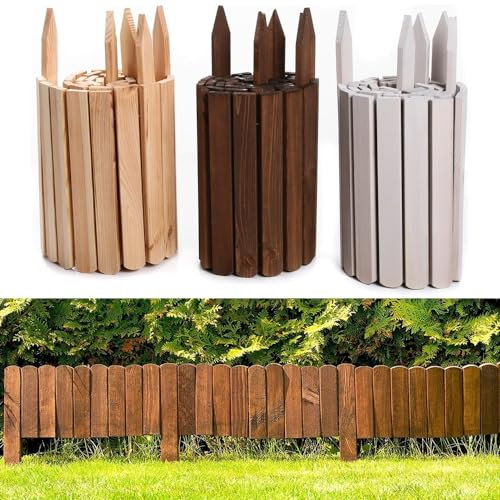 Rollborder Rasenkante Holzzaun Länge 200cm Beeteinfassung Palisade Beetumrandung Gartenzaun Kiefernholz Umzäunung Steck Zaun Höhe - (20 cm, Grau)