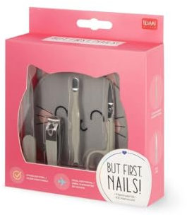 Legami Maniküre-Set – But First, Nails, Nagelschere, Nagelknipser, Feile, Nagelhautschieber für Maniküre und Pediküre, Taschenformat, tragbar, ideal für Reisen, Heimgebrauch, Kitty