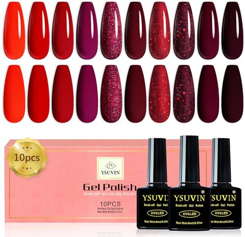 YSUVIN UV Nagellack Rot, 10 Farben Rot Dunkelrot Glitzer Gel Nagellack Soak-Off UV Gellack für Anfänger DIY Nail Art Maniküre Salon, 8ML