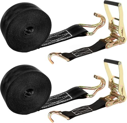 AKOLAFE Lot de 2 sangles à cliquet robustes avec crochets - Résistantes à la rupture - Pour camions, voitures, camionnettes, bateaux - 6 m x 5 cm - Noir