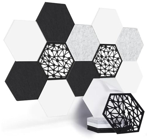 Yrendenge 12 Packs Self-adhesive Acoustic Panels, Hexagon Sound Proof Panels, 14 X 12 X 0.4in Sound Absorbing Panels, High Density Acoustic Treatment Wall Panels for Recording Studio Home