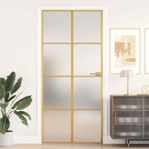 Gecheer Porta,Interna,in Vetro Temperato,e Alluminio,Oro e Opaco,93x201,5 cm,Griglie 4x2,Porta per Interno,Porta in Vetro,Porta in Alluminio