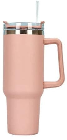 40 oz stainless steel large cup tumbler mug with straw and handle reuseable (pink)