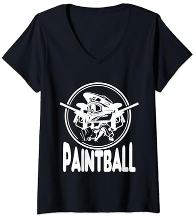 Womens Paintball paintball marker, helmet, glove, in white V-Neck T-Shirt