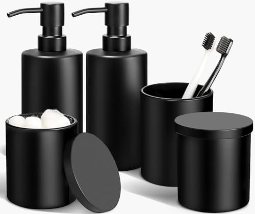 GMISUN Juego de baño de 5 piezas, dispensador de jabón de baño de cristal con 2 dispensadores de jabón, 1 vaso para cepillos de dientes, 2 soportes Qtip, negro mate para baño, cocina, dormitorio