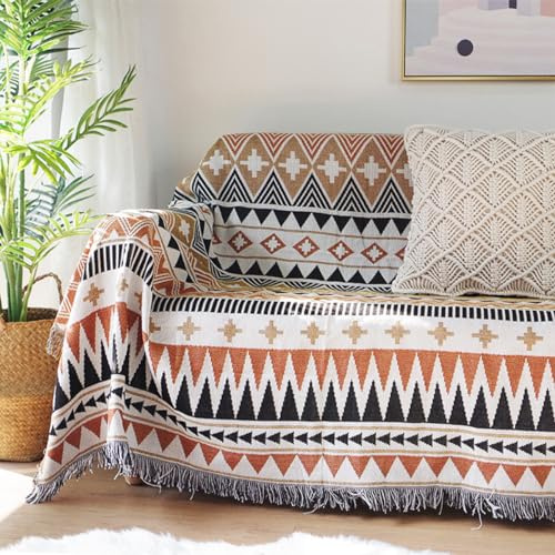 LumiSyne Azteken Navajo Überwurfdecke Baumwolle Gewebt Decke Mit Quast Tribal Ethnische Stil Geometrisch Muster Doppelseitig Dekorative Überwurf Für Bett Couch Sessel Wandteppich Tischdecke Teppich