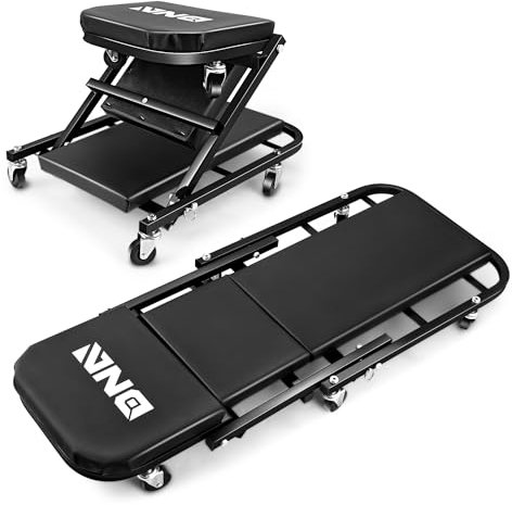 DNA MOTORING 101,6 cm faltbarer 2-in-1-Rollen-Z-Creeper, verstellbarer Roller, Garagenstuhl, zum Hinlegen oder Sitzen, 6 Stück 5,1 cm Rollen, 150 kg Tragkraft, Schwarz, TOOLS-00494