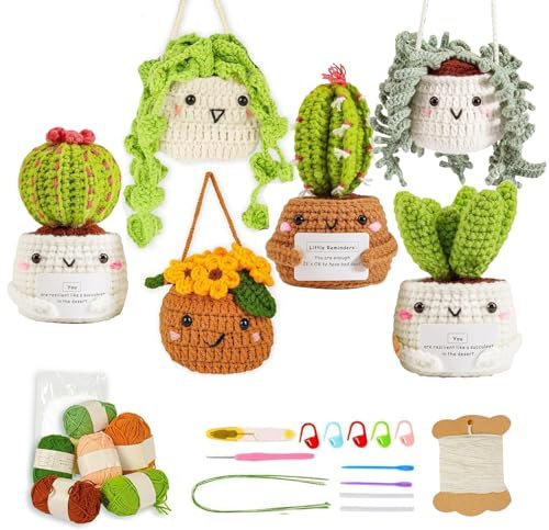 dancepandas Kit de Ganchillo para Principiantes, 6pcs Juego de Ganchillo para Principiantes Cactus Planta Colgante en Maceta Kit de Gancho para Principiantes con Instrucciones Detalladas
