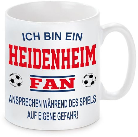 Fussball Tasse | Ich bin ein Heidenheim Fan - Ansprechen während des Spiels auf eigene Gefahr | Keramiktasse für Fußballfans | Spülmaschinenfest | mit Wunschtext auf der Rückseite