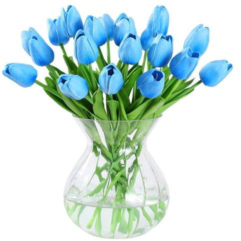 JUSTOYOU 20 STK PU Real Touch Latex Künstliche Tulpen Gefälschte Tulpen Blumen Blumensträuße Blumen Arrangement für Home Room Hochzeitsstrauß Party Herzstück Dekor(himmelblau)