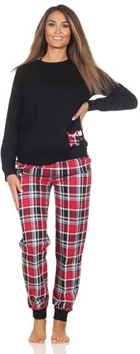 Normann Damen Schlafanzug mit Bündchen mit Karohose und süßem Tiermotiv