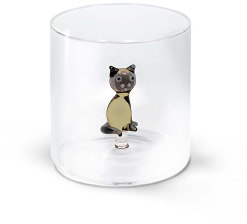 WD Lifestyle - Bicchiere in Vetro Borosilicato 250ml con Decorazione in Vetro Colorato Interna (Gatto siamese)