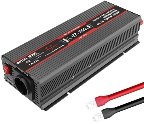 Convertitore di tensione onda sinusoidale pura DATOUBOSS 1800W 12V a 230V potenza di picco 3600W con prese EU, uscita USB e display LED per elettrodomestici, auto, roulotte, camion