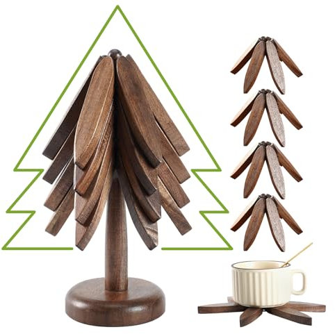 Wooden Trivets for Hot Dishes-Tree Shape Trivet Set, LIUCONGBD Coasters Set of 4 Wooden Trivet + 1 Stand, Kitchen Foldable Tree Coaster for Hot Pots Bowl Teapot Coffee Holders (Walnut)
