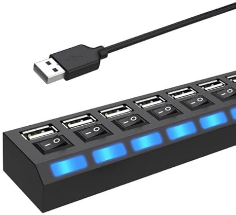 480Mbps Hub USB 2.0 7 Ports avec Commutateurs Indépendants, Multiprise USB Portable avec LED, Adaptateur Multiport USB pour PC, Mac, Xbox, Hub USB Alimenté avec Cable 60cm