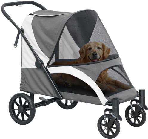 PawHut Hundewagen Hundebuggy klappbar für große Hunde & Katzen bis 30 kg Katzenbuggy mit Kissen Netzfenstern Türen Aufbewahrungstasche Katzenwagen mit Sicherheitsleinen, Bremsen, Buggy Dunkelgrau