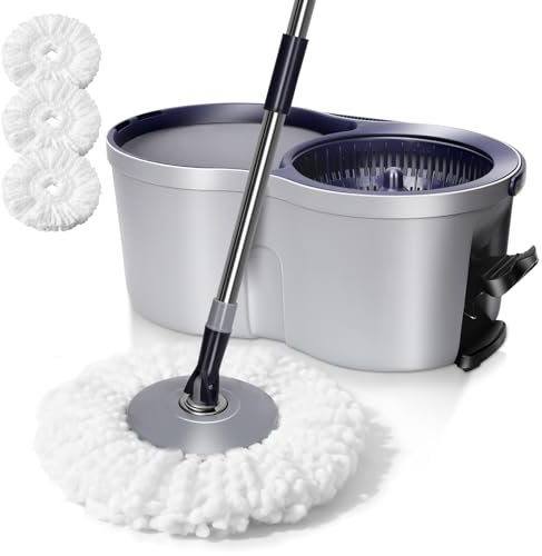 Masthome Mop and Bucket, Spin Mop Bucket with Foot Pedal, Easy Wring & Clean Mop with 131cm Stainless Steel Handle, 360° Rotating Microfiber Floor Mop,3Pcs Mop Pads & Self-Wringing System