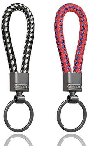 LynixTrade 2 Pcs Key Rings, Leather Keyrings for Women and Men, Car Keychain Rings, Leather Key Fobs Holder, Personalised Car Keys Ring Clips, Keyrings Black and White, Red and Blue