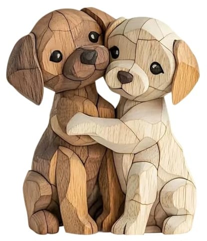 Komergave Hunde Holz Deko, 2D Flache Holzfiguren, Niedliches Hunde Holzfigur, Gemütliche Deko Figur Ornamente für Paare Kinder Frauen Männer für Büro Schreibtisch Bücherregal Badezimmer (cremefarben)