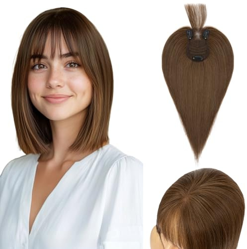 S-noilite Haar Toppers für Frauen mit dünnem Haar - Toupets mit Pony 35g Oberkopf Flauschiger Glatter Hair Topper 30cm - #4 Schokoladenbraun