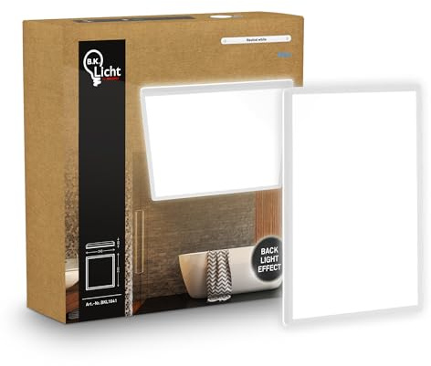 B.K.Licht - LED Deckenlampe mit indirektem Licht, Flach, Neutralweißes Licht, IP44, Panel, LED Lampe, Deckenleuchte, Badezimmer Lampe, Wohnzimmerlampe, Küchenlampe, 24x24x3cm, Weiß