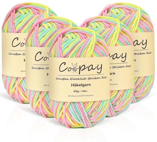 Coopay 5x45g Wolle zum Häkeln Farbverlauf, Weich Wolle Stricken für Socken | Rosagrün, 2,5mm dicke, 100m/knäuel, 80% Baumwolle und 20% Milchfaser, Nadelstärke 3,0-5,0mm,5fading