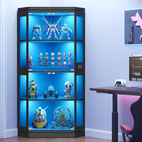 Jocoevol Corner Display Cabinet with Glass Doors,3 Color LED Lights,Black