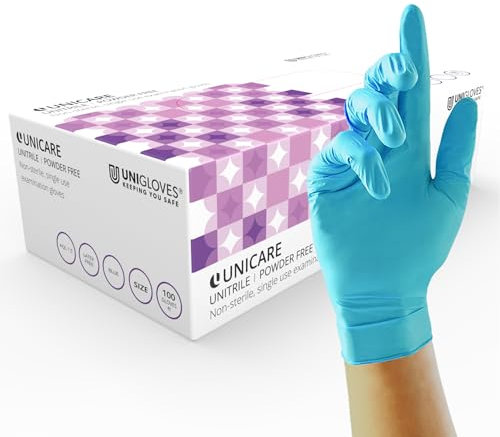 Unigloves Unitrile GS0051 Examination - Multipurpose, Powder Free and Latex Free Disposable Gloves, Box of 100 Gloves, Blue, Extra Small