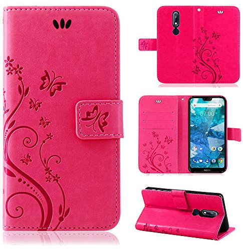 betterfon Hülle Kompatibel mit Nokia 7.1 | Premium PU Leder Handyhülle Wallet Case für 7.1 | Schutzhülle Blumen Klapphülle Handyhülle | Pink