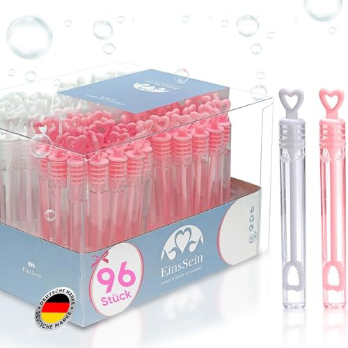 EinsSein 96x Seifenblasen Hochzeit Herzgläschen Box Weiss-rosa Wedding Bubbles gefüllt Vintage hochzeitsdeko Herz gastgeschenk tischdeko hochzeitsseifenblasen Candy bar luftblasen deko Flüssigkeit
