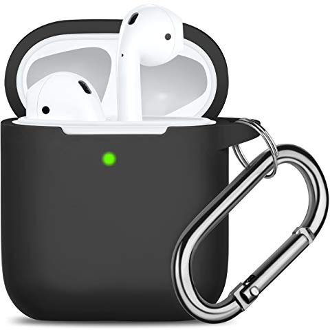 Oielai Airpod Case Cover Compatible with AirPods 2 & 1, Silicone Shockproof Cute Case-Front LED Visible- Support Wireless Charging with Carabiner for Airpods Case, Black