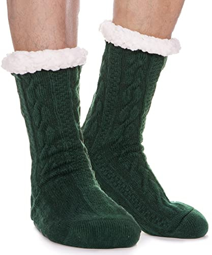 EBMORE Mens Slipper Fluffy Socks Thermal Winter Cosy Cabin Warm Fleece Soft Comfy Thick Non Slip Bed Christmas Home Gift Stocking Stuffer(Dark Green（1 Pairs）)