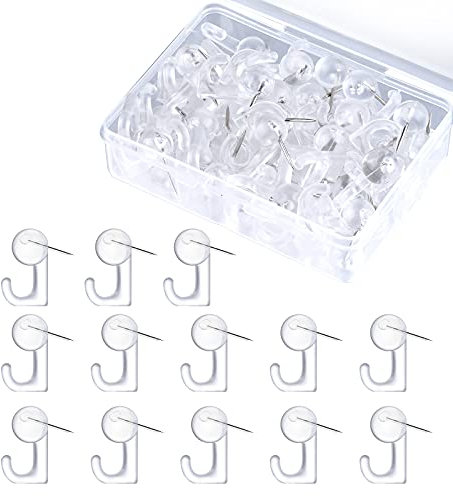 SAVITA 50pcs Push Pin Hooks, Bulletin Board Hooks Clear Hanger Nails Round Headed Pins Tacks Home School Office Supplies for Wall Board Picture Photo Calendar Map