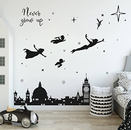 Runtoo Wandtattoo Peter Pan Wandsticker Big Ben Schwarz Silhouette Wandaufkleber Kinderzimmer Babyzimmer Mädchen Junge Wanddeko