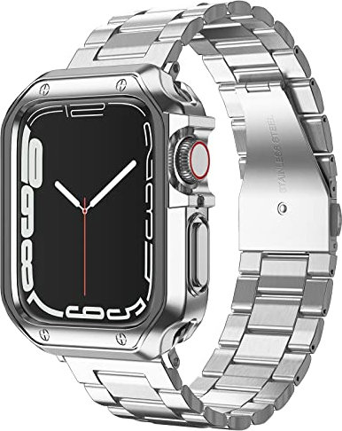 MRYUESG Kompatibel mit Apple Watch Armband und Hülle, Edelstahl-Metallkette mit TPU-Abdeckung, Smart-Watch-Armband, Armband für i-Watch Ultra Ultra2 Serie 9, 8, 7, 6, 5, 4, 3, 2, 1, SE, Silber,